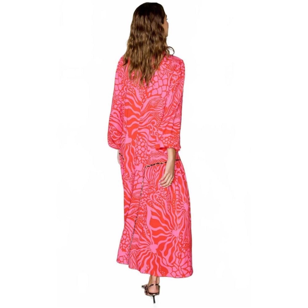 Never Fully Dressed oversized drop hem midaxi dress in red and pink - US 8 - Picture 2 of 4
